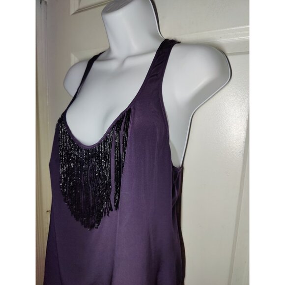 Matty M 100% Silk Low Cut Tank Top Dark Purple Beaded Fringe M - Picture 4 of 6